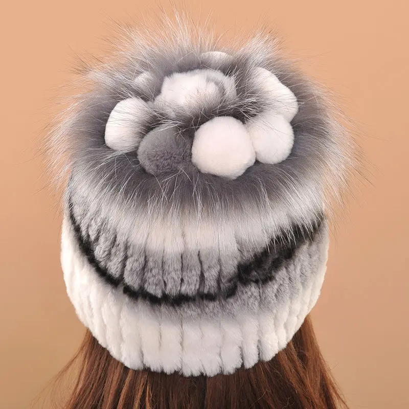 Chapeaux d'hiver en fourrure de lapin véritable pour femmes, chapeaux tricotés chauds en fourrure de lapin Rex, bonnets d'hiver pour dames