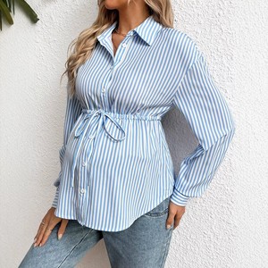 <span class=keywords><strong>Chemisier</strong></span> <span class=keywords><strong>de</strong></span> maternité léger rayé à manches longues boutonné avec ceinture à nouer, décontracté, pour femmes enceintes, vente en gros - Product Image 3