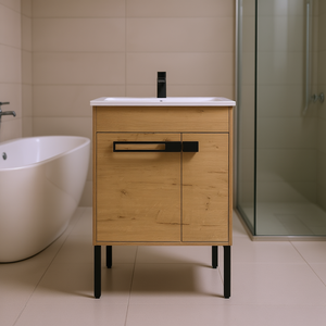 Bathroom Vanity 24 Inch Imitative Oak Modern Design Freestanding Ceramic Basin Rectangle Light Finish - Product Image 2