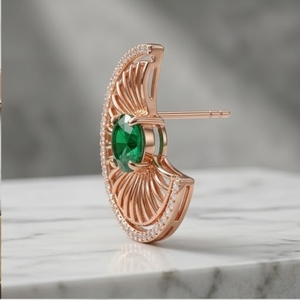 Parure de collier et boucles d'oreilles en argent 925 plaqué or rose italien avec pierre verte, bijoux de luxe pour mariée et soirée pour femme - Product Image 5