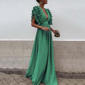 S-3XL प्लस आकार के सुरुचिपूर्ण लंबे कपड़े वाली महिलाओं के लिए गहरे v गर्दन सेक्सी बैकलेस मैक्सी ड्रेस रफ़ल आस्तीन - Product Image 3