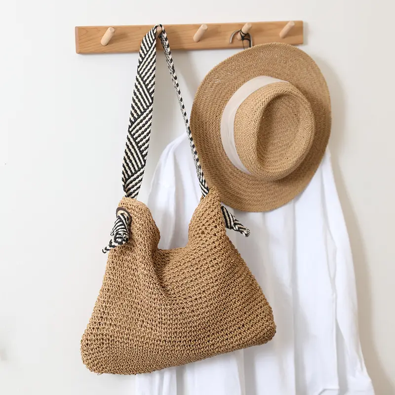 2024 Ladies fashion straw paper weaving woven beach shoulder bags raffia straw wheat straw beach bag beach crossbody bag