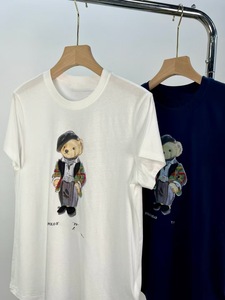 T-shirt décontracté blanc à col rond en coton pur avec broderie 3D effet poudre motif <span class=keywords><strong>petit</strong></span> ours R~L style européen-américain - Product Image 4