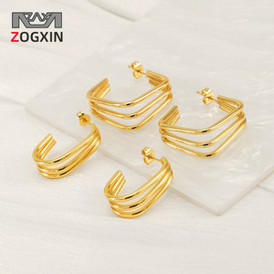 Geometric Gold Plated Hoop Earrings Stainless Steel Square Shape For Women European Style Fashion Jewelry - Product Image 2