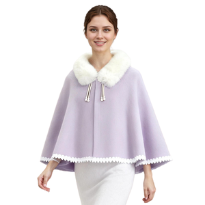 Women Elegant Faux Fur Collar <b>Shawl</b> Sleeveless Lace Trimmed Cloak Fluffy Pearl Closure Open Front Wrap for Bride - Product Image 3