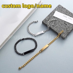 Fashion Jewelry Logo Name Customized Engraved Blank Bar Bracelet 18K Gold PVD Plated Curb Chain Stainless Steel <b>Men</b> Bracelet - Product Image 2