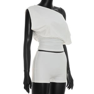 Viviblook J26ST267 Women Casual <b>Set</b> Solid Color Slim Fit <b>Sexy</b> Off Shoulder Short Sleeved T-Shirt Shorts Two Piece <b>Set</b> - Product Image 3