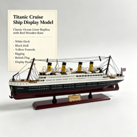 Modèle de bateau de croisière Titanic personnalisé avec pont blanc, coque noire, quatre cheminées jaunes et base en bois rouge