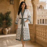 Peignoir Kimono en Coton Imprimé à la Main de Jaipur, Robe de Chambre Longue pour Femme, Peignoir de Demoiselle d'Honneur, Vêtement de Détente et de Nuit
