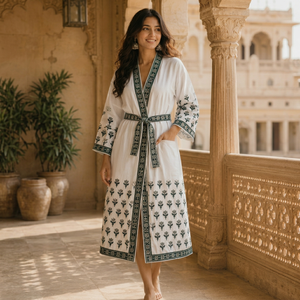 Albornoz Kimono de Algodón Premium con Estampado Artesanal de Jaipur, Estilo Waffle, Largo, para Mujer, Ideal como Bata de Dama de Honor, Ropa de Estar por Casa y de Noche - Product Image 1