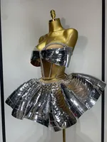 Ensemble deux pièces pour spectacle, tenue dos nu en sequins argentés et strass pour femmes, robes de fête d'anniversaire