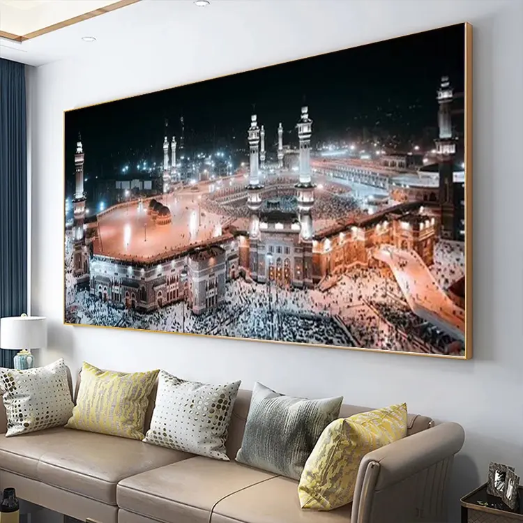 ملصقات مخصصة مطبوعة مكة المكرمة الإسلامية المناظر الطبيعية قماش زخارف الحائط صور لوحات زيتية إسلامية