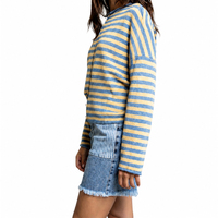Großhandel Maßgeschneiderte Polyester-Mischung Gestreifter 7GG Strick-Cardigan mit Knopfleiste Rundhals Langarm-Pullover Lässige Preppy-Strickware
