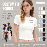 T-shirt court en maille côtelée personnalisé pour femme, style minimaliste, col rond, coupe ajustée, manches courtes, tee-shirt basique, haut assorti pour femme