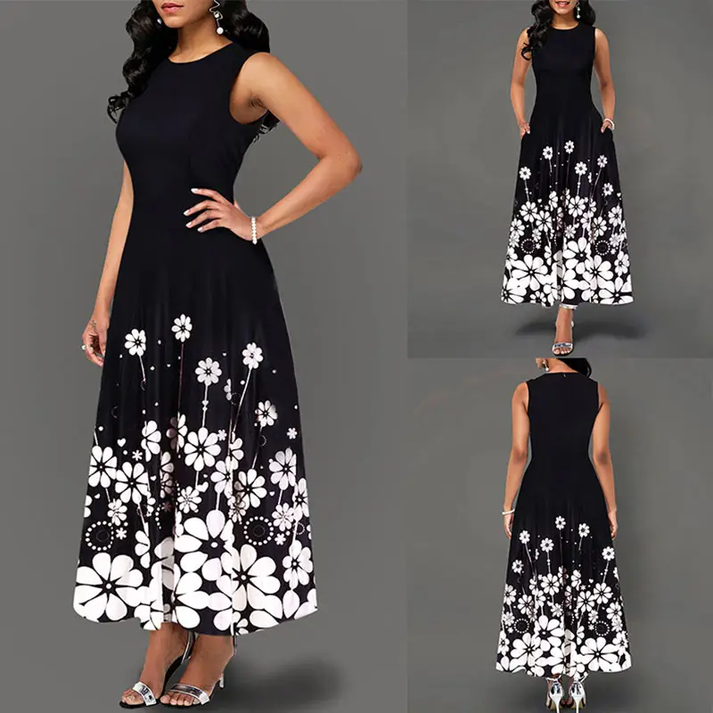 Large Size Elegant Women's, Floral Print Long Maxi Dress Sleeveless Long Flower Sundress/