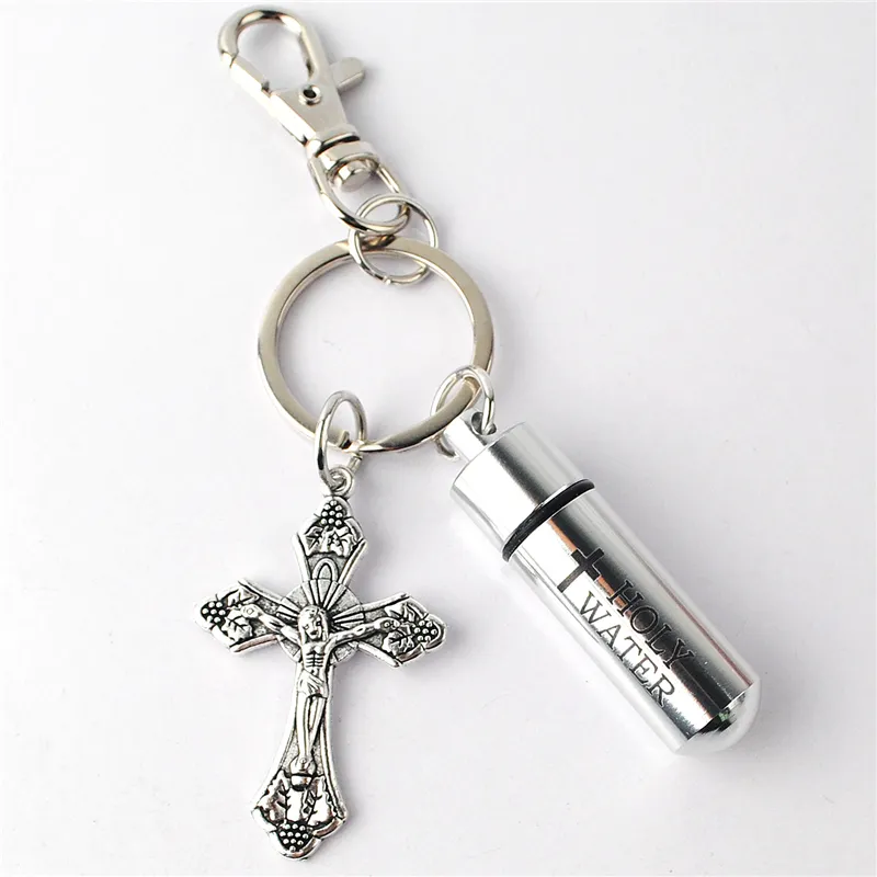 Wholesale Price Religious Gifts Cross Key Ring Crucifix Key Chain with Metal Holy Water Bottle