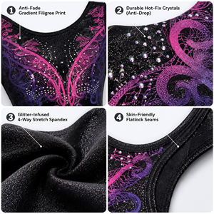 Justaucorps de gymnastique sans manches pour enfants, personnalisé en usine, imprimé feuille d'or brillante, extensible dans les quatre sens, pour compétition scolaire et équipe, vente en gros - Product Image 3