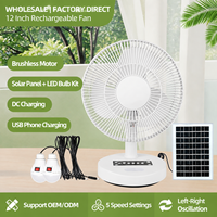 Ventilateur solaire rechargeable portable de 12 pouces avec panneau solaire, deux ampoules LED, moteur sans balais, batterie LiFePO4 pour le camping en plein air et la maison
