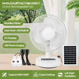 Solar Fan With Solar Panel Rechargeable Portable 12 Inch Fan With Two LED <b>Bulbs</b> 5 Speed Levels For Outdoor Camping Home Us - Product Image 2