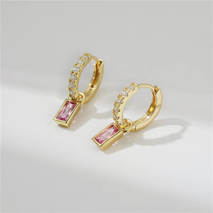 Pendentif carré en zircon rose en argent sterling S925 original, version cuivre personnalisable, boucles d'oreilles en argent plaqué or 14 carats pour femmes - Product Image 5