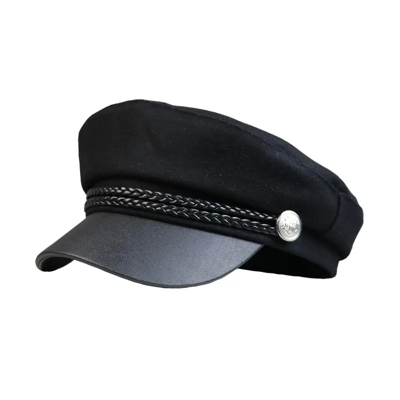 Autumn Winter British Retro Woolen Navy Captain Hat Black 100% Cotton Octagon Cap