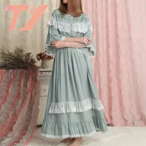 Beautiful Girls Sexy Nighties Ladies Nursing Nightdress Retro Green Cotton Pajama Dress Long Sleeping Wear Nightgowns