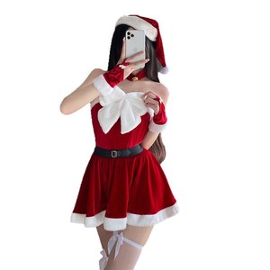Costume de cosplay de Noël pour femmes, robe courte en velours à épaules dénudées avec un grand nœud, chapeau, gants, tenue de fête de Noël - Product Image 5