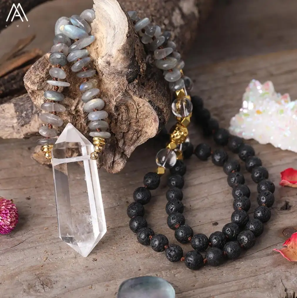 Perles de Lave Guérison Flash Labradorite Reiki Chakra Noué Mala Collier pour Hommes Bijoux Cadeau d'Anniversaire