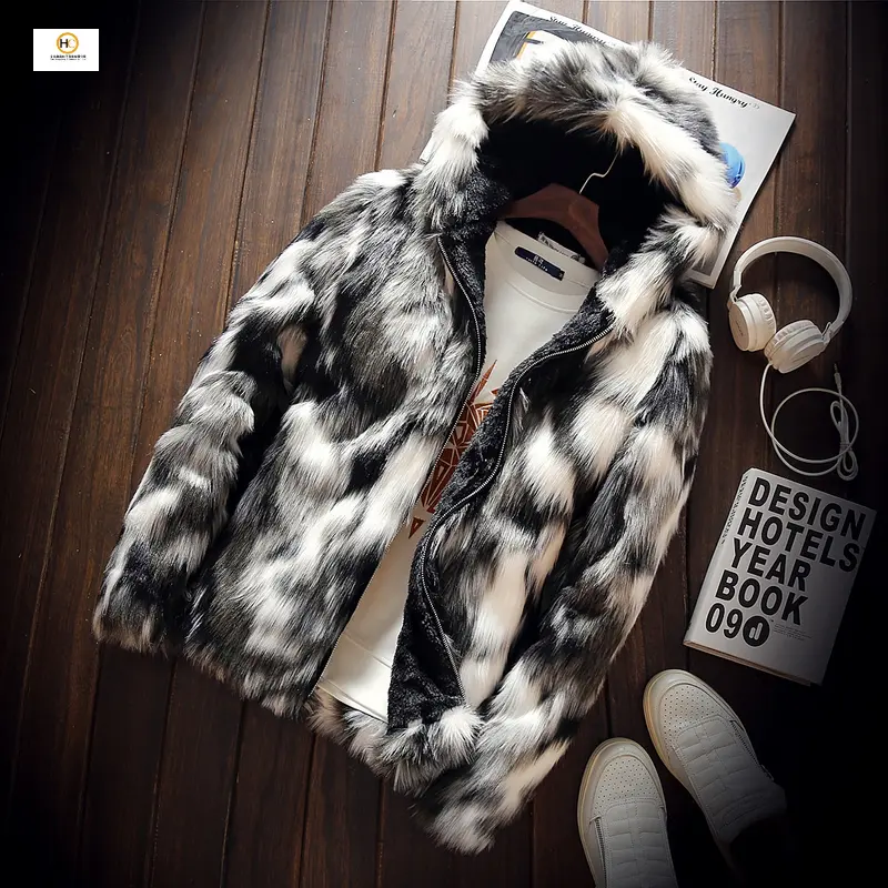 Wholesale Men Faux Fur Coats Warm Winter Male Short Coat Luxury Style Faux Fur Parka with Hood