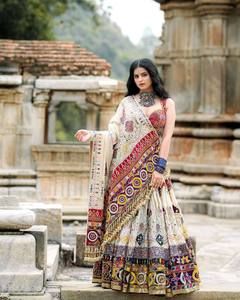 New Navratri Traditional Beautiful Heavy Muslin Cotton Chaniya Lehenga Choli Digital Print Real Mirror Work <b>Gota</b> Zari Lace Party - Product Image 1