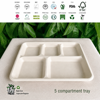 Plateau alimentaire jetable en pulpe de bagasse de canne à sucre, compostable et biodégradable, à 5 compartiments, pour la restauration
