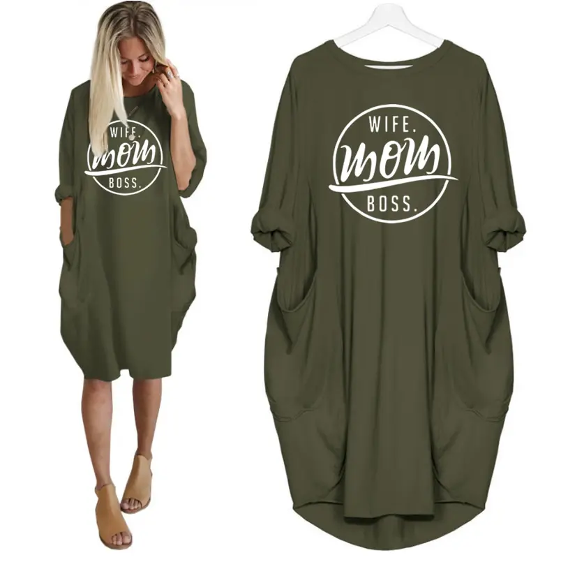 Womens Plus Size Spring Long Sleeve Pockets Loose Baggy Midi Dress Solid Color Crew Neck Oversized Loose Elegant Casual Dresses