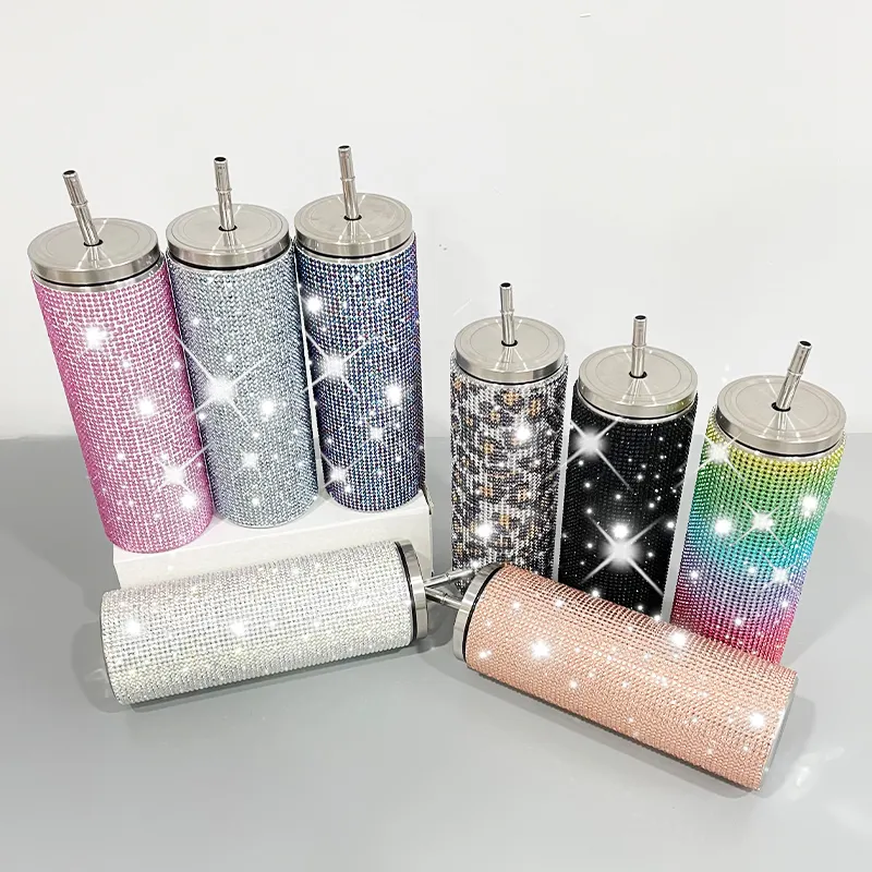 Tumblr bebedor para viagem 20oz, com strass reto, brilhante, água café, cerveja, strass, copos de cristal coloridos, prata, brilhante