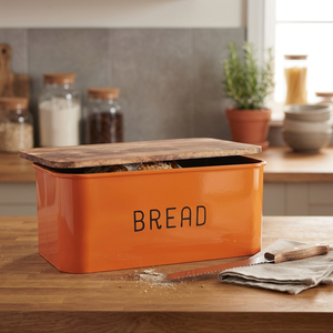 Boîte à pain rectangulaire orange avec couvercle en bois, hermétique, boîte à pain en métal rétro pour la cuisine - Product Image 4
