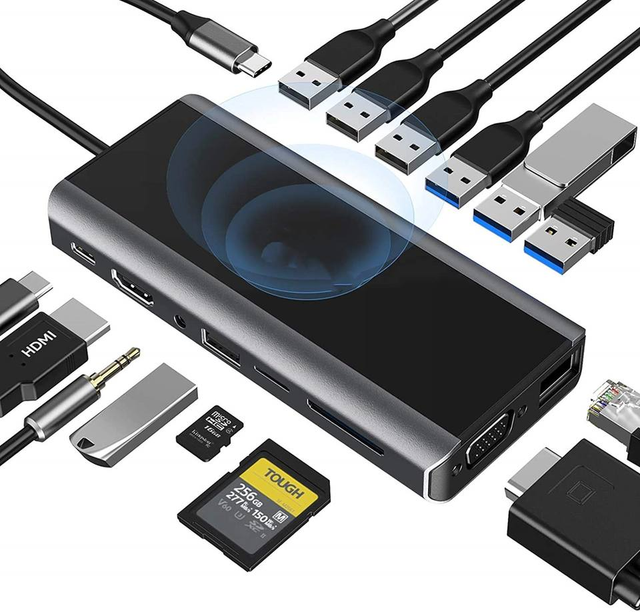 USB3.0 Type-C Hub 15 Ports for 2.0 SD Card Support 5Gbps Data Transfer Rate Wireless Charging Aluminum Alloy Electric Stock