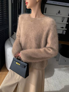 로얄 벨벳 100 마운틴 캐시미어 여성용 한국 스타일 슬림핏 니트 소매 두꺼운 고급스러운 롱헤어드 루즈 스웨터 - Product Image 5