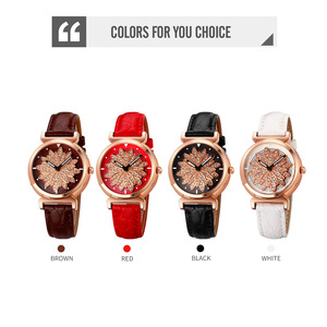 Good Fortune Women's Quartz Watch Red Leather Band Rose Gold Case Diamond Flower Dial Analog 30M Waterproof - Product Image 2