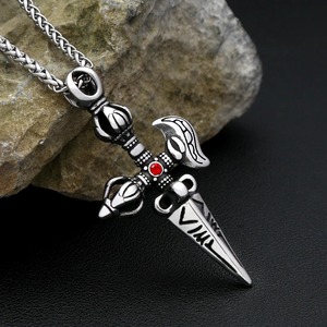 yunnique Men's Stainless Steel <b>Cross</b> Pendant Necklace With Red Stone And Sword Design For Punk Fashion - Product Image 3
