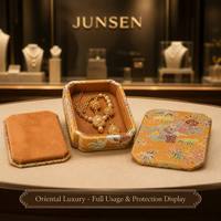 Boîte à bijoux carrée vintage JUNSEN en soie brodée avec couvercle amovible, 12,6 cm, noyau en bois, fabrication artisanale, rangement de luxe, Chine