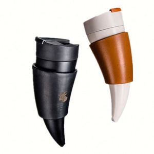 Mug de voyage isotherme en acier inoxydable 304 de 230 ml avec manchon en cuir, motif créatif Cornes de Chèvre, pour café - Product Image 2