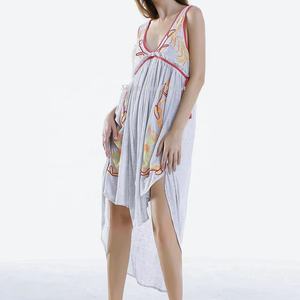 Vestido Casual de Verano para Mujer, Diseño Floral, Tejido de Punto, Cuello en V, Bordado, Transpirable, Nuevo Modelo - Product Image 1