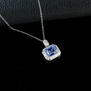 925 silver emerald cut sapphire pendant vintage collarbone chain - Product Image 4