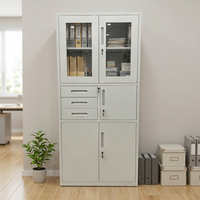 Armoire de classement en acier non assemblée, verrouillable, avec 3 tiroirs et portes battantes en verre – Meuble de rangement métallique pour documents de bureau