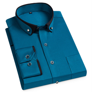 <span class=keywords><strong>Chemise</strong></span> décontractée à manches longues personnalisable pour <span class=keywords><strong>homme</strong></span>, coupe ajustée, couleurs unies, confortable, anti-boulochage, en sergé polyester/coton - Product Image 4