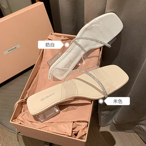 Sandali Trasparenti in PVC con Strass, Punta Quadrata, <span class=keywords><strong>Tacco</strong></span> Spesso in Cristallo, Nuova Moda Estiva, <span class=keywords><strong>Scarpe</strong></span> con <span class=keywords><strong>Tacco</strong></span> Alto da Donna - Product Image 5