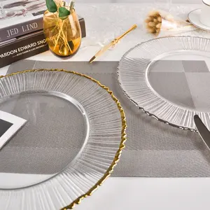 wholesale restaurant tableware set clear and gold rim crystal silver ribbed glass Wedding Irregular charger plates