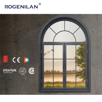 Ventana de Aluminio Negro Arqueada Rogenilan, Ventana Francesa con Rejilla Metálica Curva, Doble Vidrio, Ventanas Abatibles para Casa