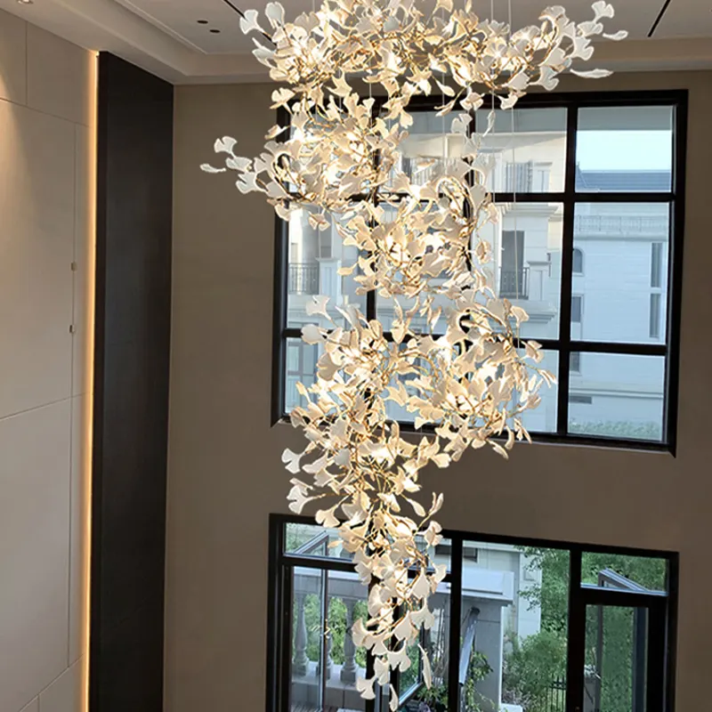 Nordic Style Ginkgo Branch Leaves Übergroße Kronleuchter Treppe Moderne Blütenblatt Kronleuchter Pendel leuchten Villa Mall Beleuchtung