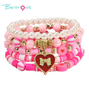 New 5pcs/set Cute Love Dwarf Pink Soft Ceramic Adjustable Beaded <b>Bracelet</b> Set <b>for</b> Women <b>Girls</b> Jewelry with Heart <b>Charm</b> - Product Image 2