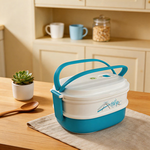 Lunch <b>Box</b> Double Layer Plastic Sealed With Handle Round <b>Red</b> Green Blue Solid Color Student Portable - Product Image 4